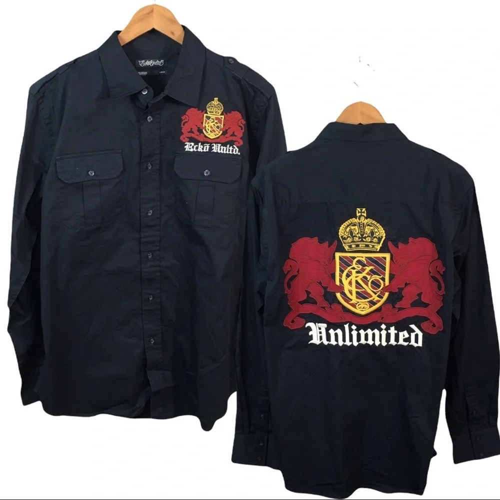BF575 NWT Mens ECKO UNLTD. Embroidered Pocket Button Down Shirt L